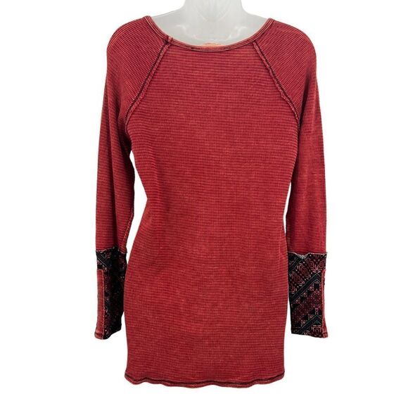 Soft Surroundings Women's Waffle Knit Patchwork Thermal Cuff Top Red XS Boho - Picture 4 of 13